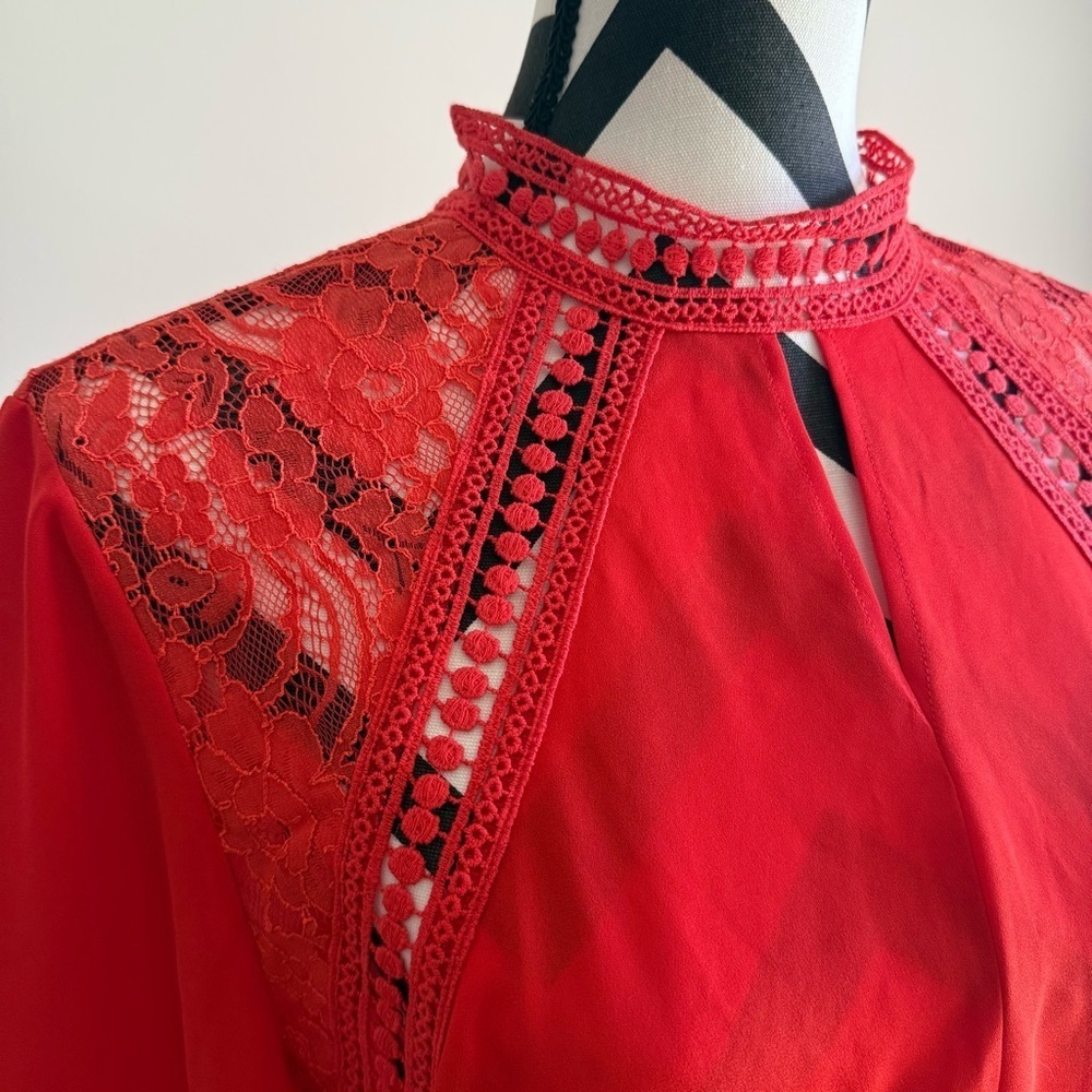 CREMIEUX Flowy Crochet Keyhole High Neck Blouse Red Small - Picture 2 of 5